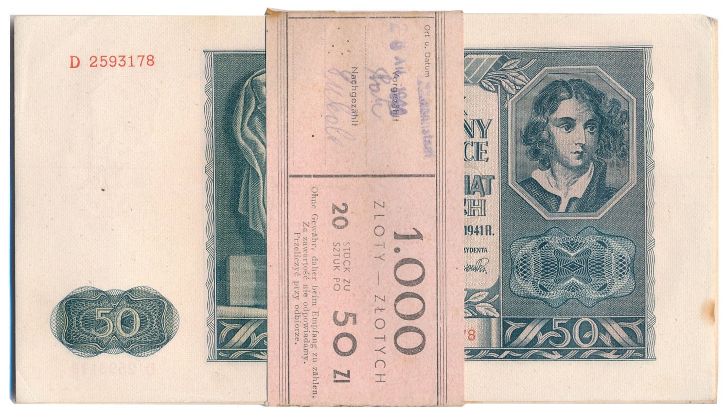Banknoty 50 złotych 1941 seria D paczka bankowa 20 sztuk